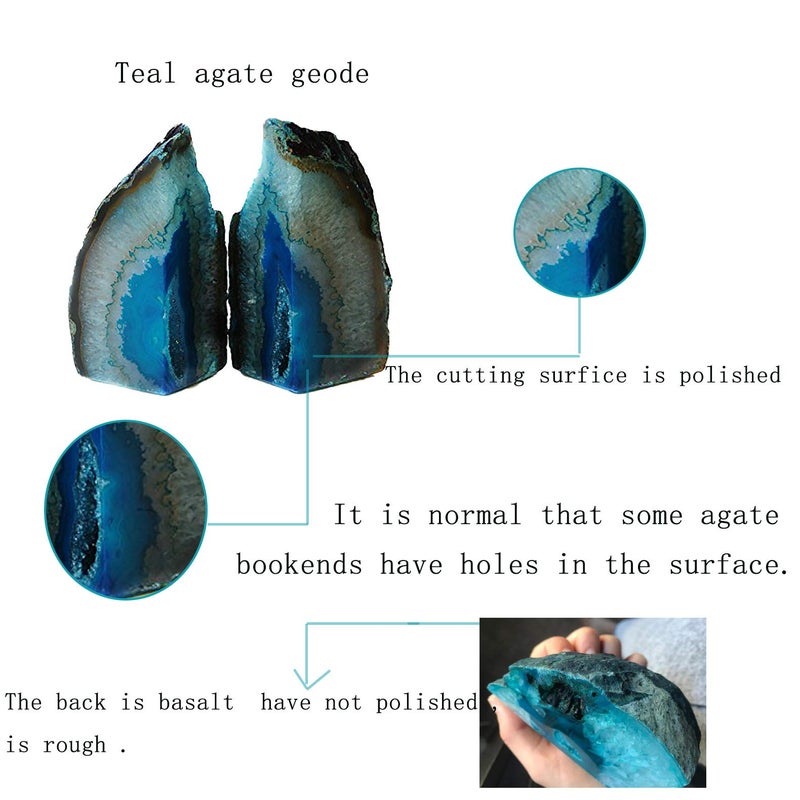 JIC Gem Teal Agate Bookends Geode Book Ends for Bookshelf Decor Decorative Bookends for Shelves Unique Cute Teal Decor with Rubber Bumpers (1 Pair, 3-4 Lbs) - Image 4